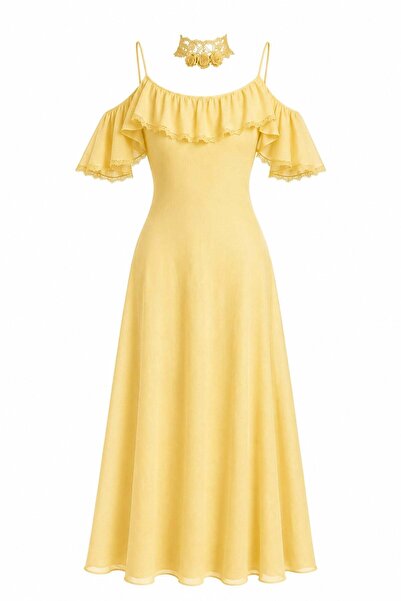 elif teke Victoria Stripe Lace Scarf Dress Yellow
