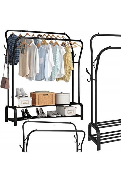 Gockowiak Suport mare pentru haine, tip stand, dublu, stil loft, negru, metalic.