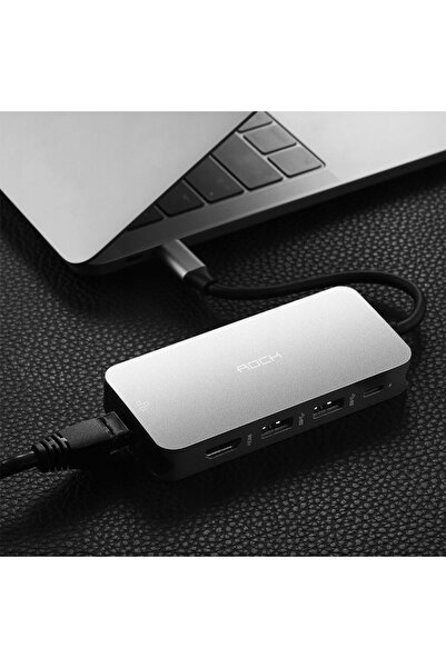 Rock Hub 8 în 1 Adaptor Stație de andocare USB-C HDMI 4K SD RJ45 87W pentru M...