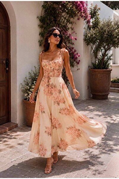 Butik Şenel Vintage Floral Patterned Strappy Long Linen Maxi Dress