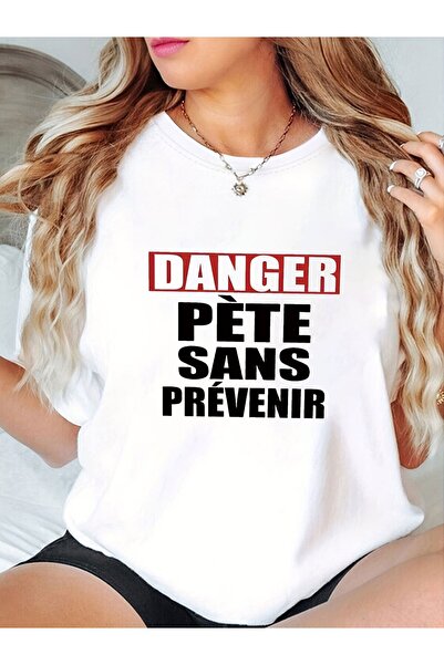 799 تي شيرت نسائي بطبعة حروف - بعبارة "DANGER PÈTE SANS PRÉVENIR"، بلوزة بأكم...