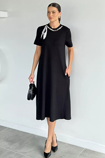 Aryena Black Women's Dress with Scarf Accessory