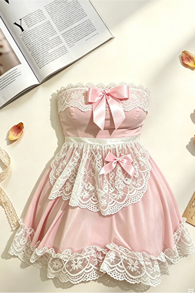 JInsh Pink Strapless Lace Bow Mini Dress, Sweet Ruffle Frill Babydoll Dress, ...