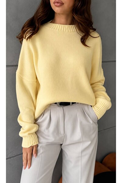 STF MODA Pulover tricotat oversize galben pentru femei - Decolteu rotund cu t...