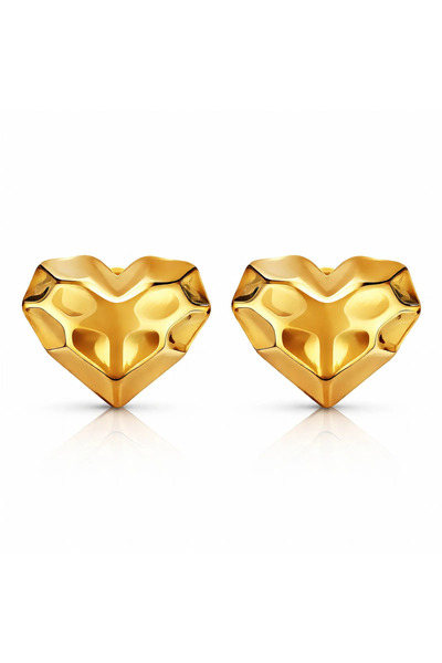 OEM Gold Sculpted Artisan Heart Earrings, Stainless Steel, 18K Gold Plated