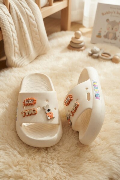 Modazirve Ecru Emoji Daily Beach Pool Children's Slippers