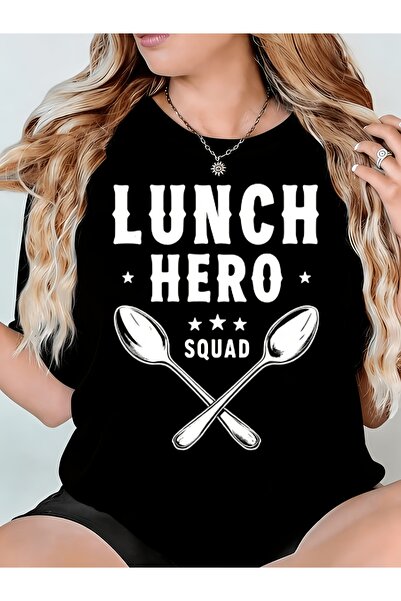 Ekim11 Womens Tshirt Lunch Hero Squad Cross Spoons Graphic Black Crew Neck Co...