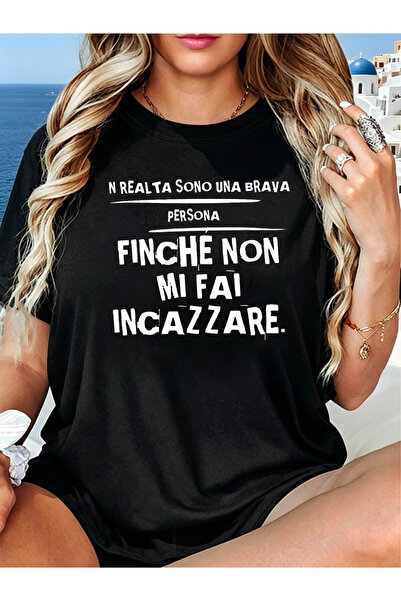 LİNA06 Italian Sassy Statement Letter Print T-Shirt, Short Sleeve Crew Neck C...
