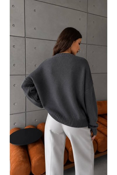 STF MODA Women's Anthracite Oversize Knitwear Sweater - Soft Textured Crew Neck