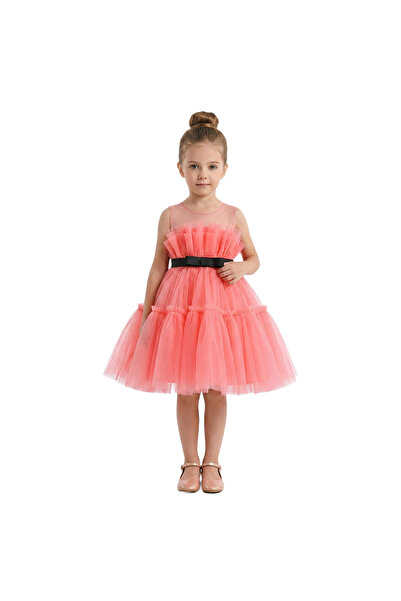 Bidani - Tulle Tiered Party Dress with Black Velvet Sash - Coral Pink - 1Y to...