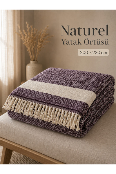 nnevora Naturel Çift Kişilik Yatak Örtüsü 200x230 cm Saçaklı Dokuma Koltuk Ör...