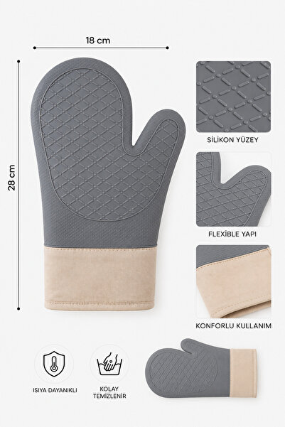 MİS KİTCHEN Silicone Oven Glove Single 28X18 cm Heat Resistant Non-Slip Kitchen, Oven and Bbq Glove Gray Color