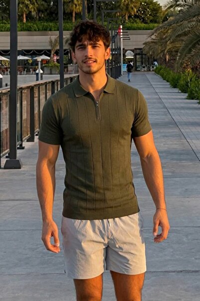 Maccali Men's Casual Comfort Fit Striped Khaki Polo Knitwear T-Shirt