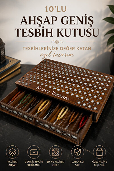 kutuTR Bölmeli Ahşap Geniş Tesbih Kutusu Kişiye Özel İsim Yazılı Çekmeceli Te...