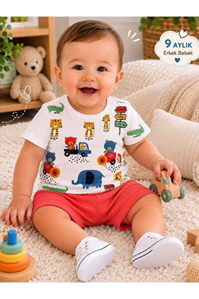 krm kerem bebe Safari Friends Baby Boy Summer Top and Bottom Set