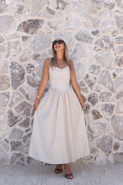 bytugcekaya Ανοιχτό κίτρινο ριγέ φόρεμα με λουράκια μπαντάνα