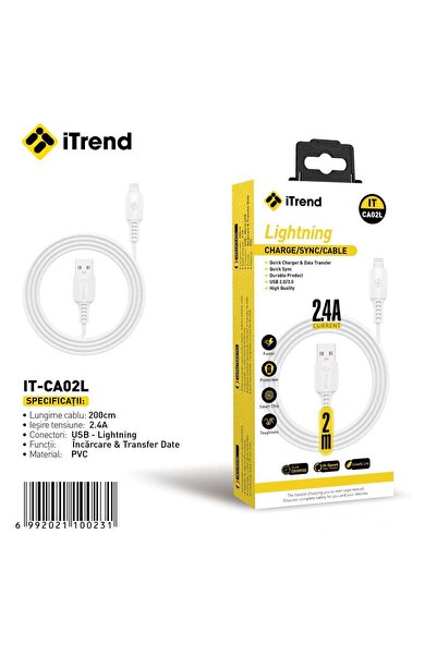itrend Cablu USB-A la Lightning iTrend, 2 m, Încărcare Rapidă 2.4A, PVC, Alb