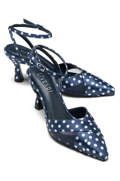 livendi Si̇ena Women's Navy Blue Polka Dot 7.5 cm Heeled Shoes with Pointed T...