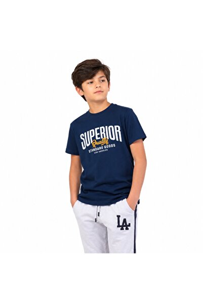 PALM PEANUTS Boys Navy Blue Graphic T-Shirt & Grey Shorts Set | 2 Piece Cotto...