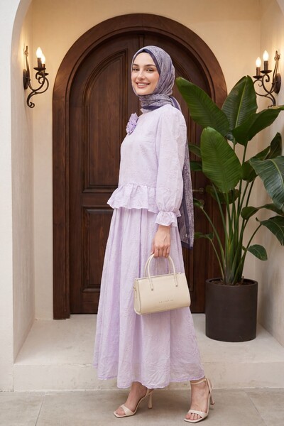 Modamorfo Rose Brooch, Elastic Sleeves, Patterned Lined Skirt, Voile Suit -Lilac