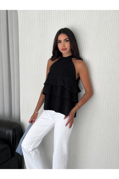 Perry Boutique Halter Neck Layered Flounce Textured Chiffon Blouse