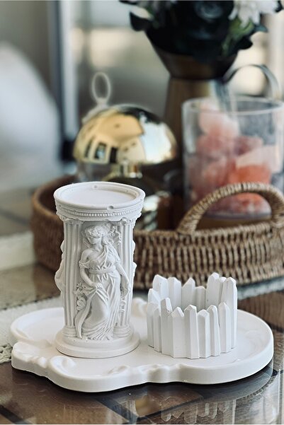 Dezora Home Taş Tozu Antik Sütun Mumluk ve Dekoratif Kase Seti – Vintage Ev D...