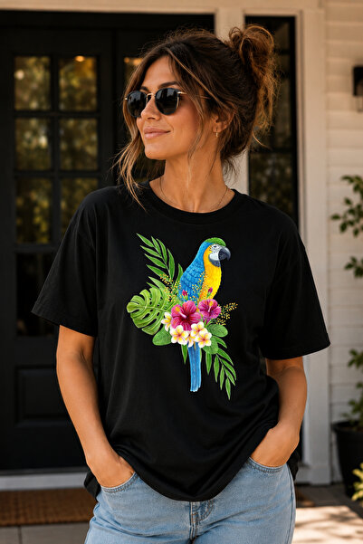 Büşra Çetin Colorful Papagan Beach T-Shirt, Parrot Beach Tee, 100% Cotton Uni...