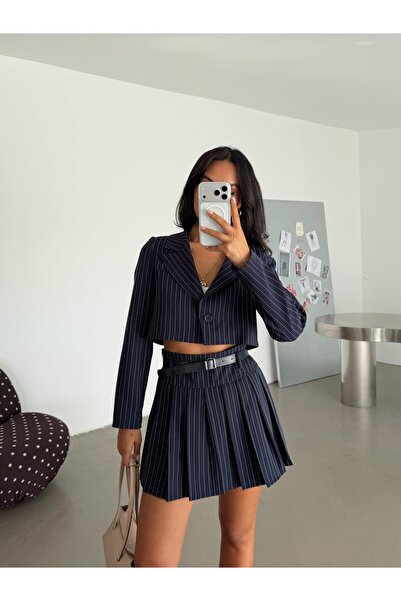 myd Striped Crop Jacket - Navy Blue
