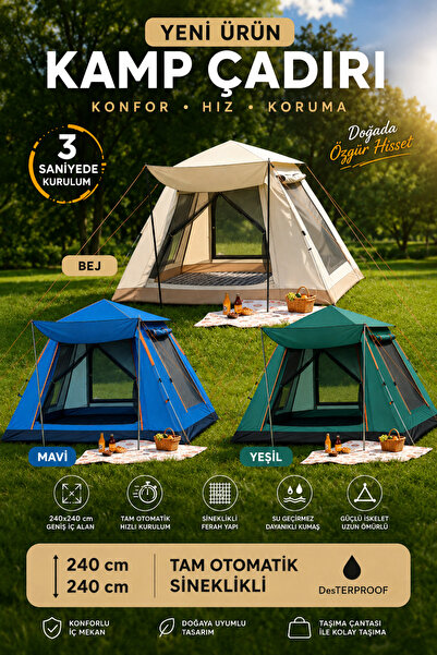 MO DOU Tam Otomatik Kamp Çadırı 240x240 cm 3 Saniyede Kurulum Su Geçirmez Sineklikli Geniş Çadır Outdoor