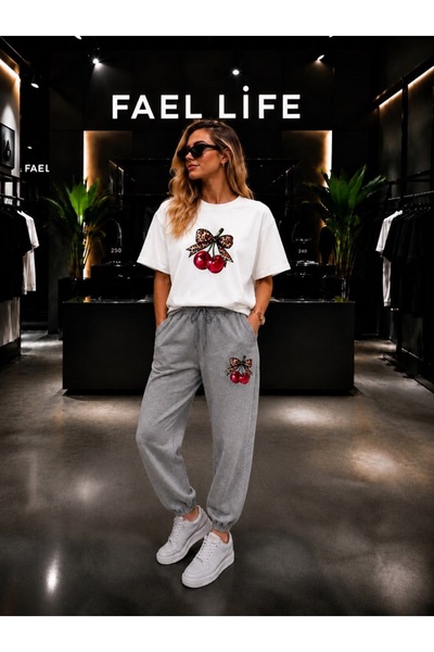 FAEL LİFE Unisex Wide-Let T-Shirt and Sweatpants Set with Cherry Ribbon Print