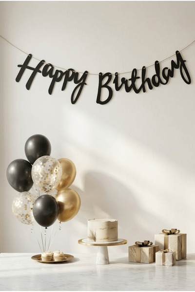 FESTİVALOON Siyah Kraft Happy Birthday Banner 110x20 cm Kaligrafik Doğum Günü...