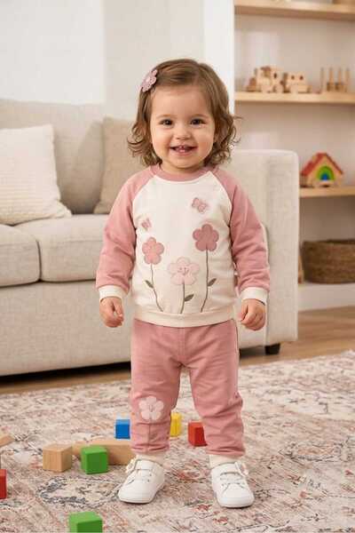 MyPrettyBaby طقم مكون من قطعتين للأطفال البنات، مطرز بتطريز زهور، بأكمام راجل...