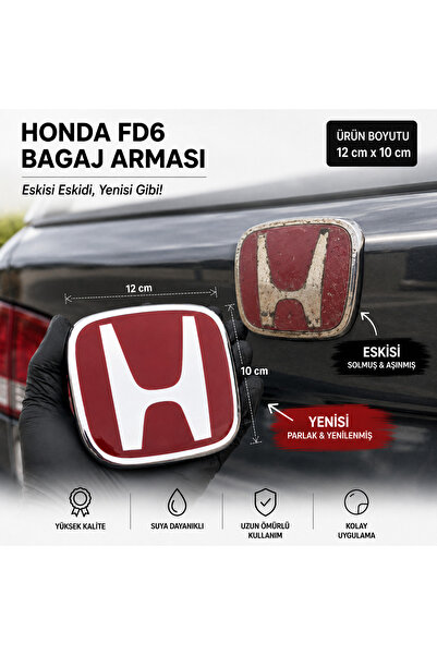 MOZOKO Honda Civic FD 6 Kırmızı Arka Bagaj Amblemi 12 x 10 cm Geçmeli ve Yapı...