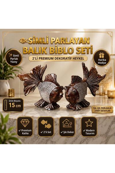 e-life shop Lüks İşlemeli Simli 2’li Balık Biblo Seti 15 cm Reçine Dekoratif ...