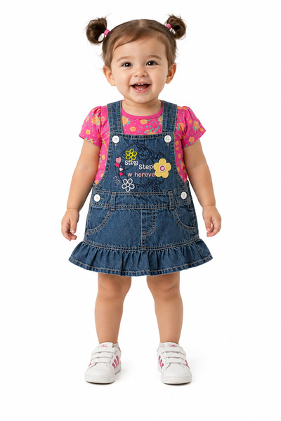 Generic Baby Girls Denim Dungaree Dress with Pink T-Shirt, Ages 1-2Y