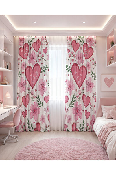 HOMESSA Pink Flower and Heart Patterned Double Winged Children's Room Backgro...