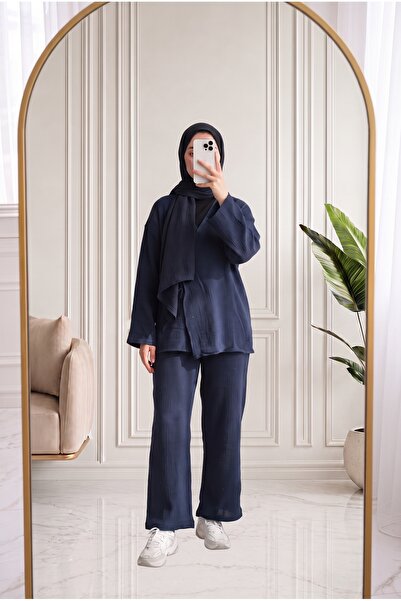 MİHRA STORE Ayhan Baglamalı muslin set-AS521 tamnoplava