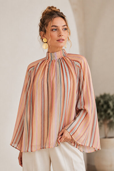 GLOW MUSE Hakim Yaka Çizgili Astarlı Oversize İnce Tunik -Somon