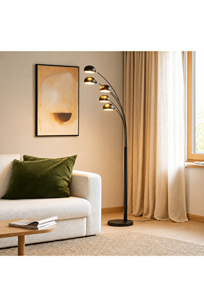 VİSENTE HOME Modern 5 Başlıklı Tasarım Deve Boynu Lambader | Mat Siyah Metal