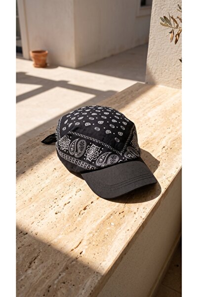 ARTEFACTUM Unisex Siyah Beyaz Desenli Hibrit Bandana Cap Siyah Siperlikli El ...