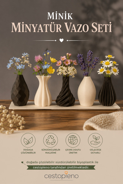 CESTOPİENO Tiny Miniature Vase Set of 5 Decorative Flower Vases Bioplastic De...