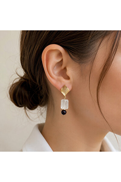 Vesce Atelier Crystal Quartz and Onyx Natural Stone Gold Earrings