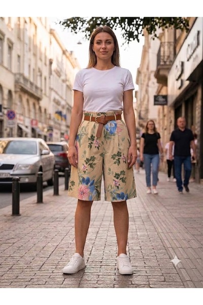 AYASOFYA OTANTIK Women's Italian Elastic Waist Floral Patterned Belted Capri ...