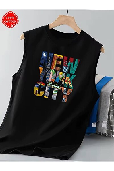 JANTIL MODA New York City Baskılı Geniş Askılı Erkek Atlet - %100 Pamuklu Str...