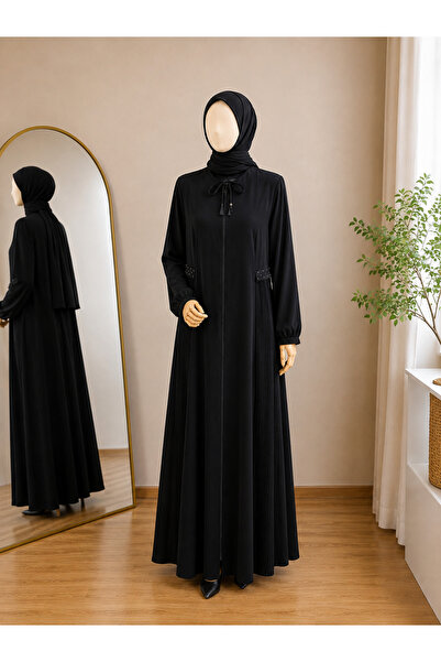 BNGL Boutique Siyah pliseli ferace, fermuarlı, yanları incili dökümlü ferace ...