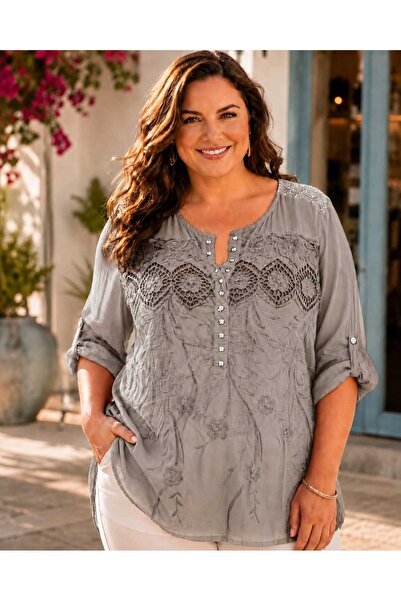 Butik Şans Women's Double Italian Blouse with Guipure Embroidery and Stone De...