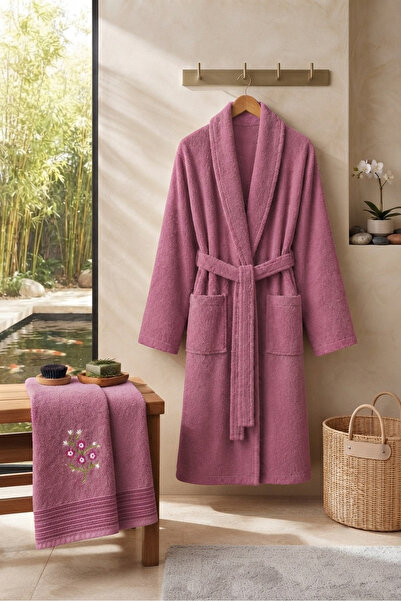 VENTİ VENTİSCA Cherri 100% Bamboo Unisex Shawl Collar Adult Bathrobe - Embroi...
