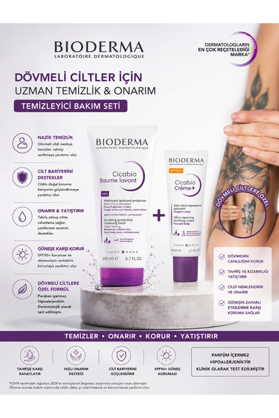 Bioderma Cicabio Dövme Bakım Seti Temizleyici ve SPF50+ Onarıcı Krem 200 ml +...