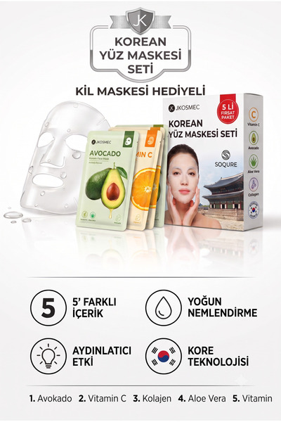 Jkosmec Yüz Maskesi 5'li Fırsat Seti- Kolojen,Avocado,Vitamin,Aloe Vera, Vita...