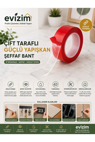 Evizim Şeffaf Nano Bant Çift Taraflı Güçlü Yapışkan Silikon Montaj Bandı